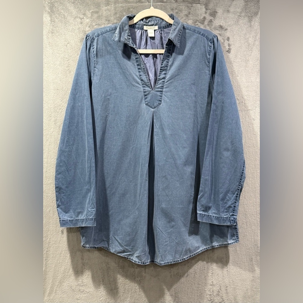 Garnet Hill Blue Denim 100% Cotton Tunic Long Sleeve Pleated Front‎ Size M